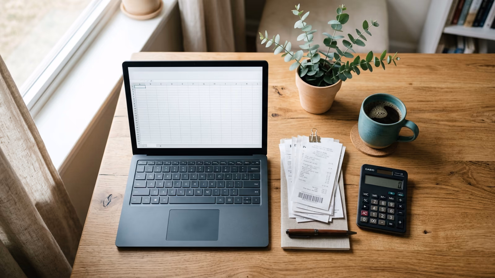 A desk with a laptop, calculator, receipts and a cup of coffee ready for tax time